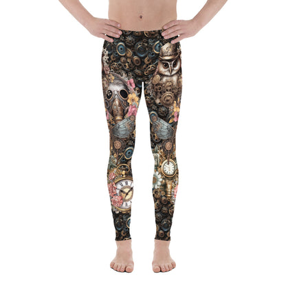 Mens Leggings Steampunk Horology Pants, Fashion Meggings, BJJ Grappling Spats, Pro Wrestling Tights, Rave Gear, Clubbing Outfit, Running tights for watch geeks and perpetual calendar fans. Jules Verne vibes. Clockwork all-over pattern guys leggings.