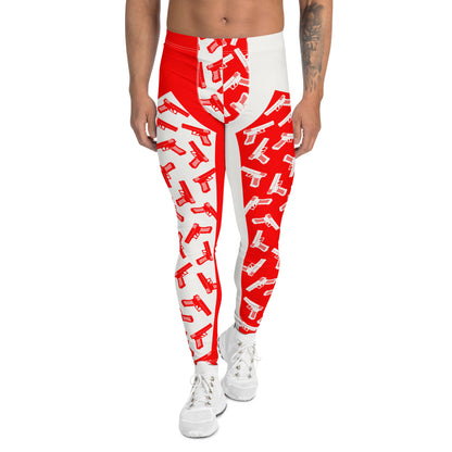 Mens leggings, funky pro-wrestling tights with toy pistols in orange and white. Ankle length fashion meggings for rave parties, festivals, Halloween cosplay, streetwear.