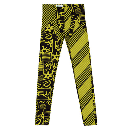 Black and yellow geometric design leggings for men in retro 80s style. Pro wrestling tights for guys in fun stripy design. Rave gear and fashion meggings for guys.