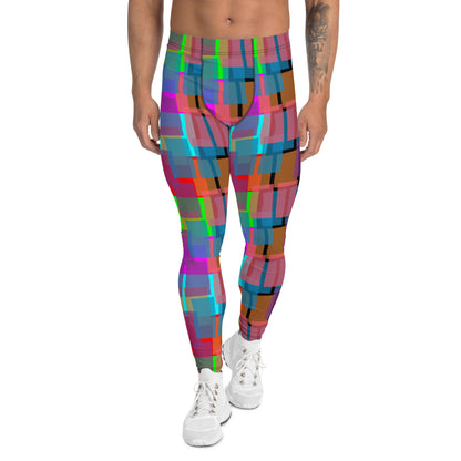 Leggings for men in rainbow  colors. Great geometric shaped patterned pro wrestling tights or BJJ no-MMA spats for guys in ankle length and elastic waistband.