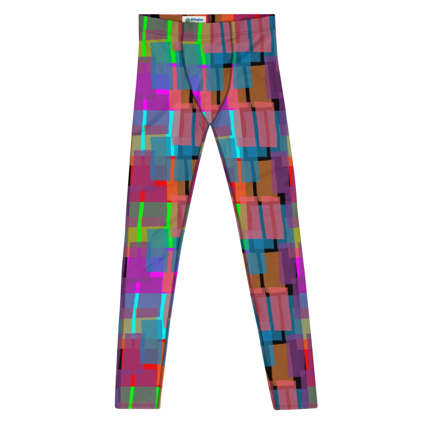 Leggings for men in rainbow  colors. Great geometric shaped patterned pro wrestling tights or BJJ no-MMA spats for guys in ankle length and elastic waistband.