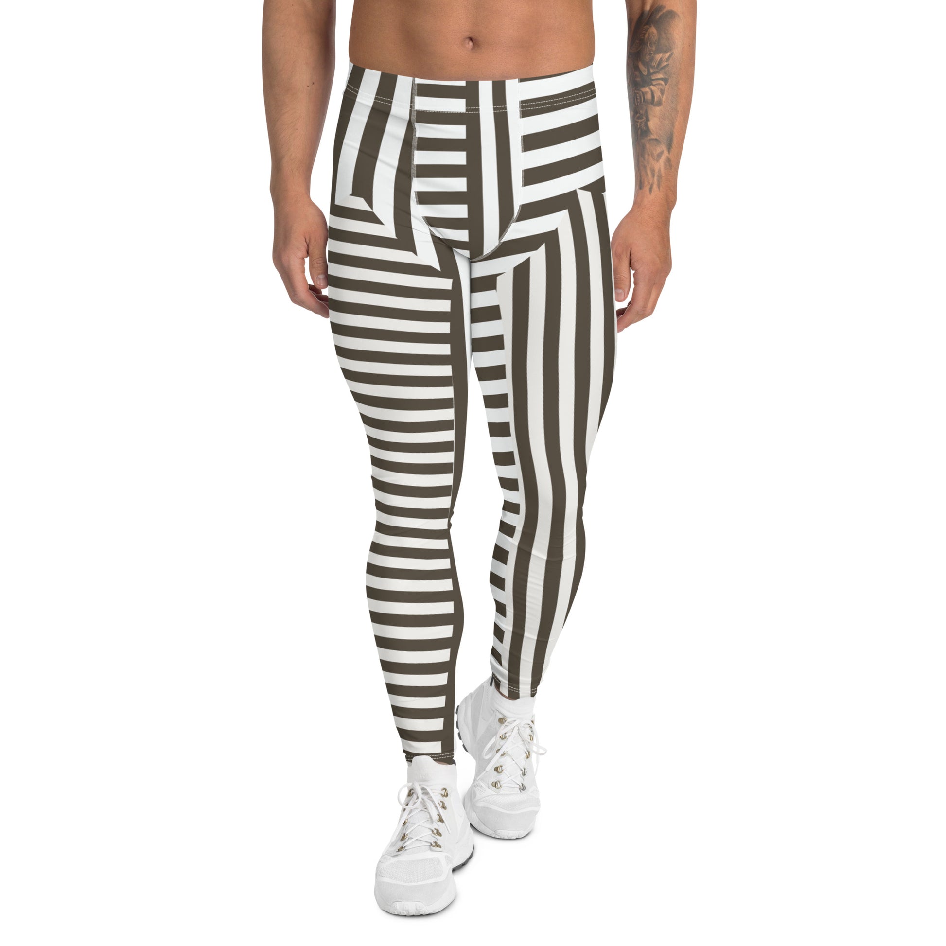 Retro style gray / brown and white striped pro wrestling tights for men. Great as BJJ spats. 80s Memphis style leggings for guys with alternating insets pattern. Fashion meggings and party outfit.