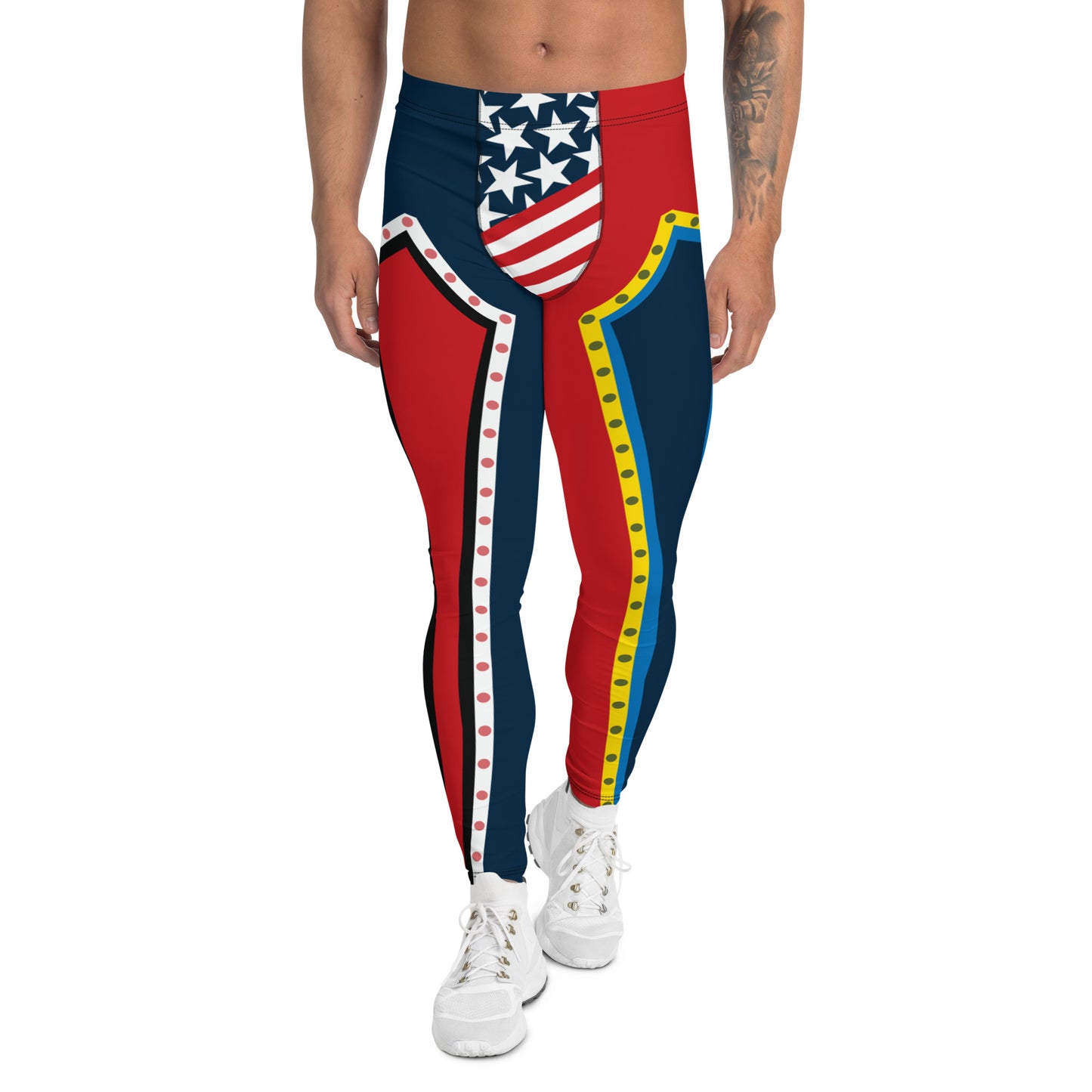 Mens leggings in a patriotic circus style. Footless pro-wrestling tights in red, white, blue with stars and stripes on the crotch and alternative colored  inlays on each leg. Outlines in yellow and white and stripes up the back. Fun Halloween cosplay outfit or rave gear fashion for man.