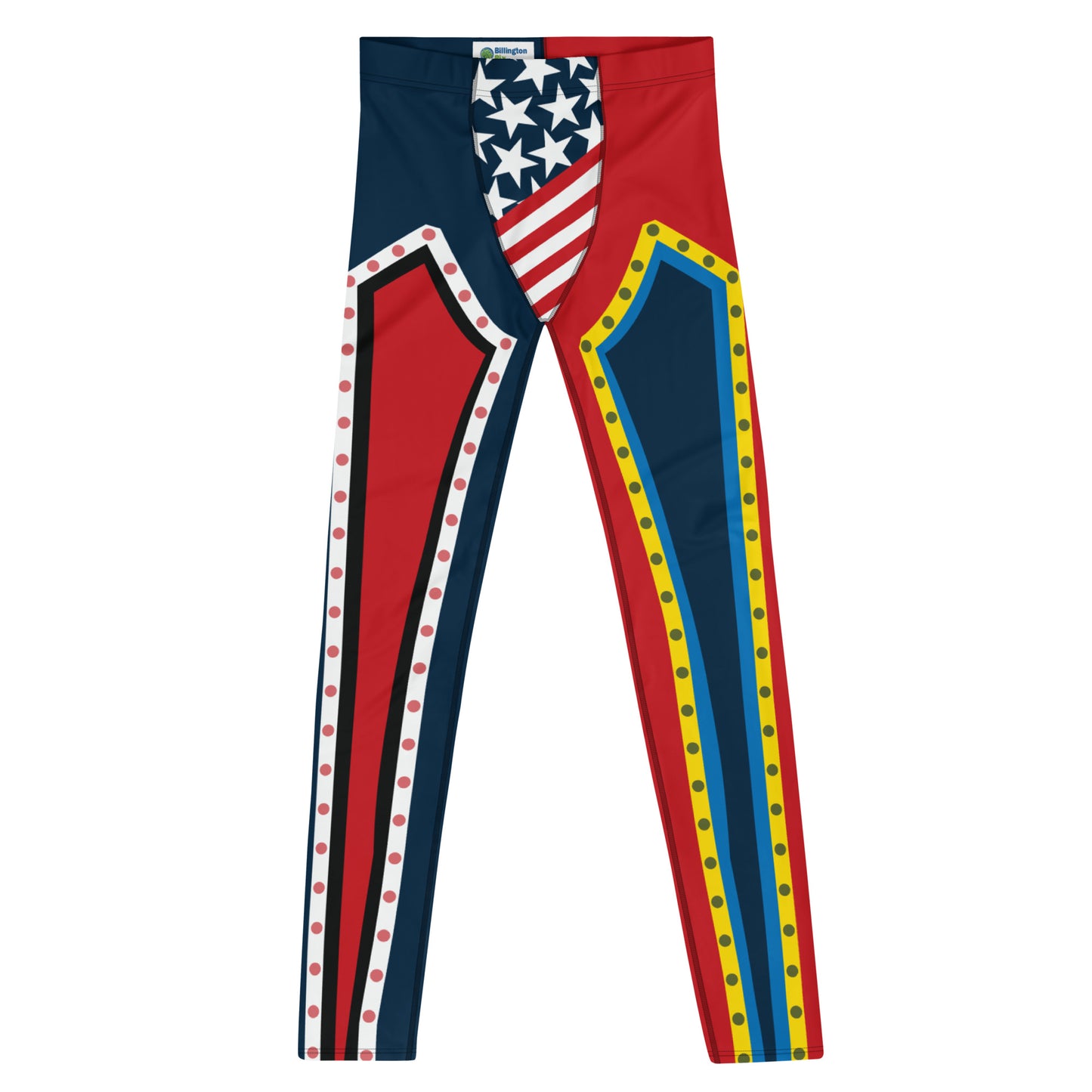 Mens leggings in a patriotic circus style. Footless pro-wrestling tights in red, white, blue with stars and stripes on the crotch and alternative colored  inlays on each leg. Outlines in yellow and white and stripes up the back. Fun Halloween cosplay outfit or rave gear fashion for man.