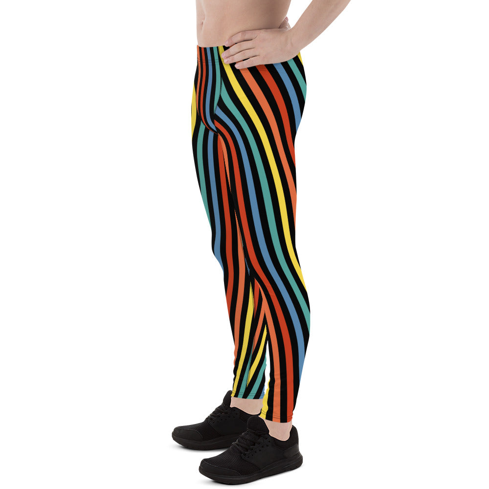 Festival Mens Leggings, Stripy Wrestling Style Performance Tights, Fashion Meggs, Rainbowcore Striped Meggings, Rave Gear Clubbing Outfit, pro wrestling tights, climbing, stripy rainbow LGBT Pride outfit idea by BillingtonPix