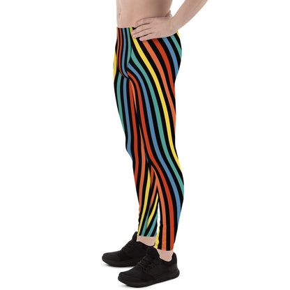 Festival Mens Leggings, Stripy Wrestling Style Performance Tights, Fashion Meggs, Rainbowcore Striped Meggings, Rave Gear Clubbing Outfit, pro wrestling tights, climbing, stripy rainbow LGBT Pride outfit idea by BillingtonPix