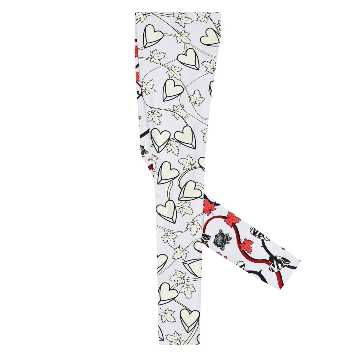 Rockstar style men's leggings in black and silvery white design, full of broken hearts, black roses and red vine leaves. Beautiful swirling vines and rose thorns entangle this heartbreak scene