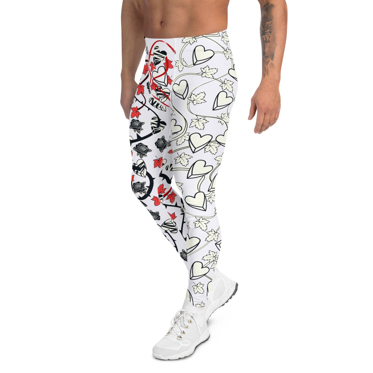 Rockstar style men's leggings in black and silvery white design, full of broken hearts, black roses and red vine leaves. Beautiful swirling vines and rose thorns entangle this heartbreak scene