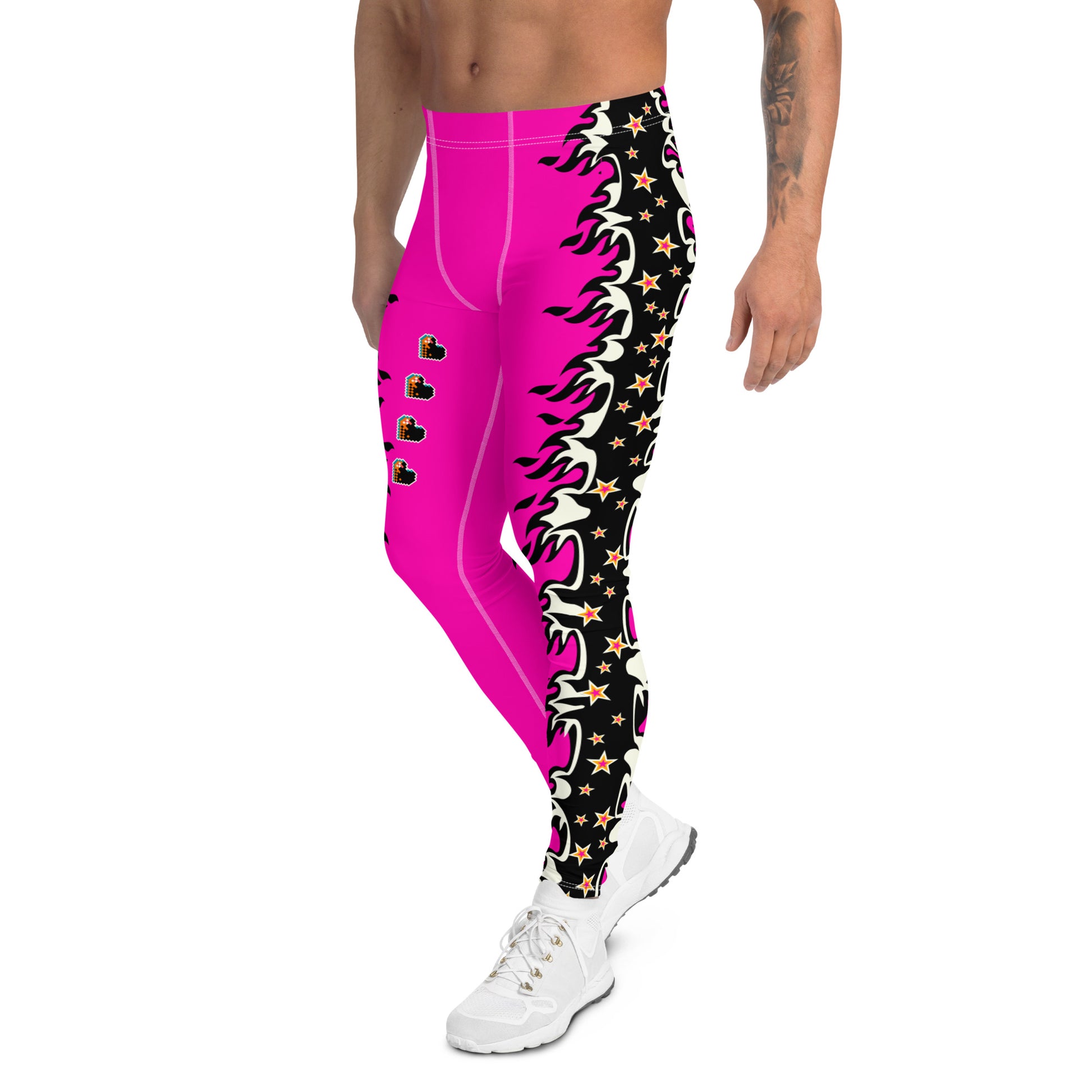 pink pro wrestling tights for men in pink and black with fire down each side. Fun fashion meggings for guys who enjoy WWE cosplay. or festival gear like Burning Man.