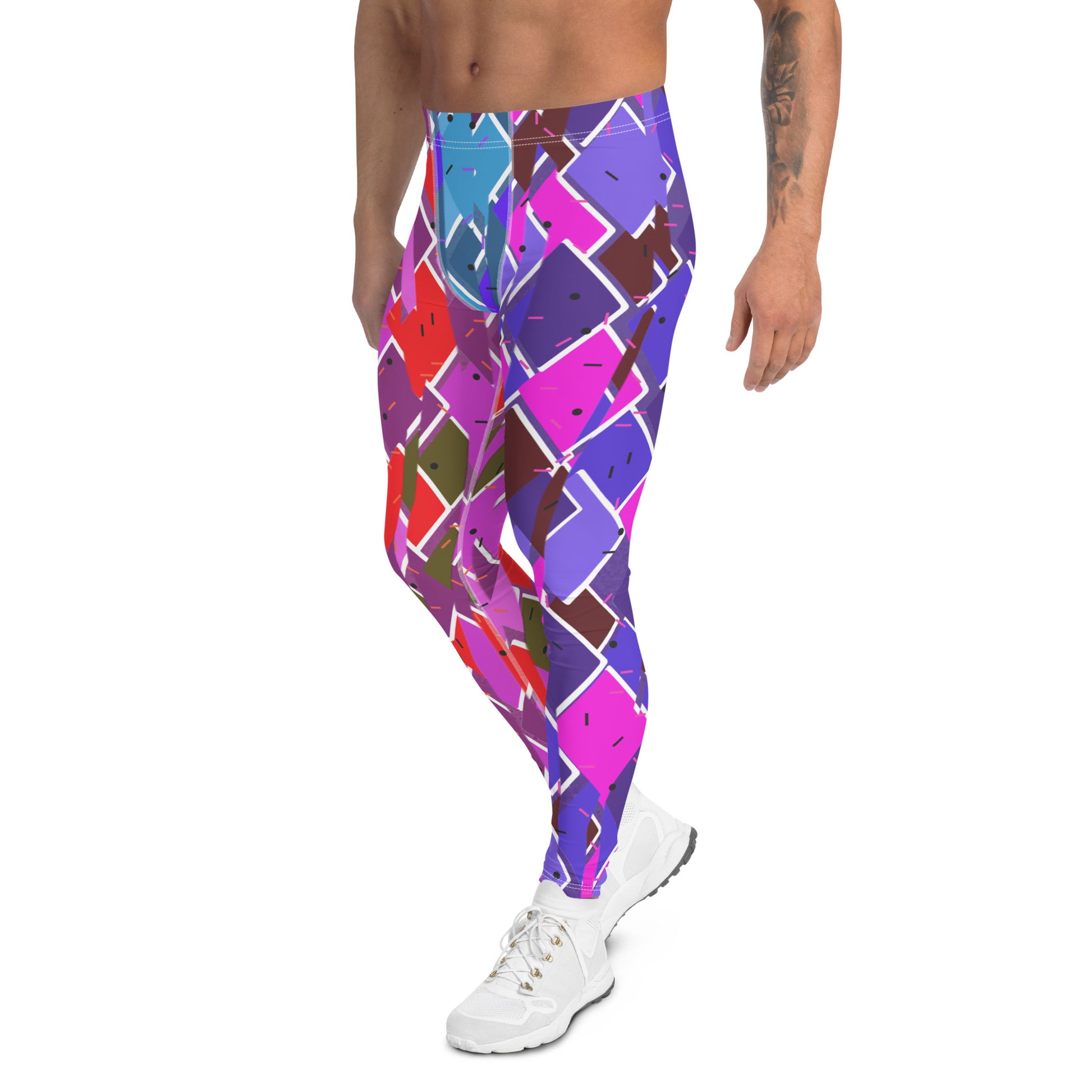 Mens Leggings Retro Harlequin Pro Wrestling Tights, glitchcore Fractal Geometric Patterned Festival Meggings, Dance Pants, Rave Gear, Clubbing Outfit. Purple, red, blue, white fractal kitsch meggings guys in diamond shapes. Retro pro wrestling gear