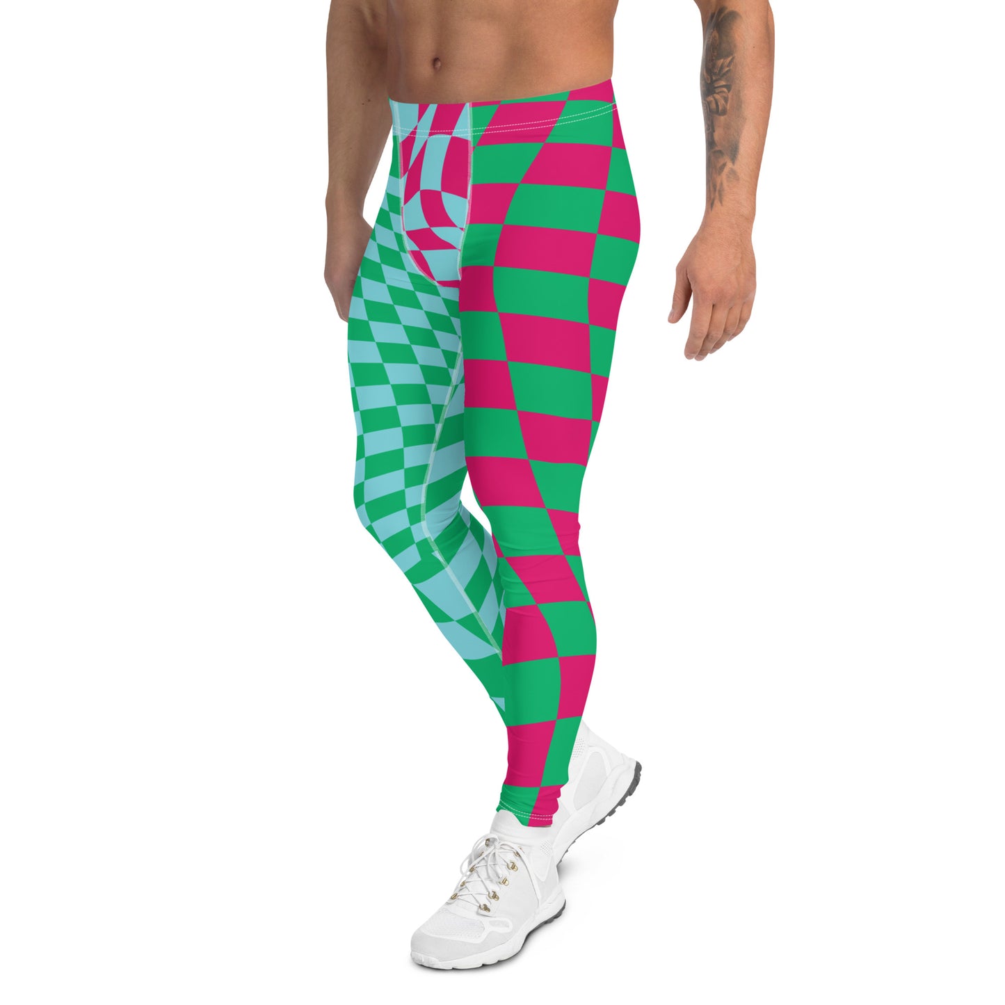 Mens Leggings Glitchcore Harlequin, Pro Wrestling Tights, Guys Running Tights, Dancewear, Festival Pants, Fashion Meggings, Gym Gear. Pink, blue and green fashion meggs for gym, pilates, yoga and festivals.