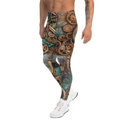 Steampunk leggings for men with horology design. Watch fans fashion in brown and blue. Retro festival fashion meggings.