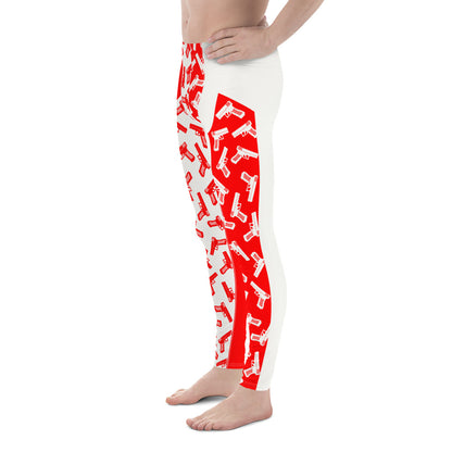 Mens leggings, funky pro-wrestling tights with toy pistols in orange and white. Ankle length fashion meggings for rave parties, festivals, Halloween cosplay, streetwear.