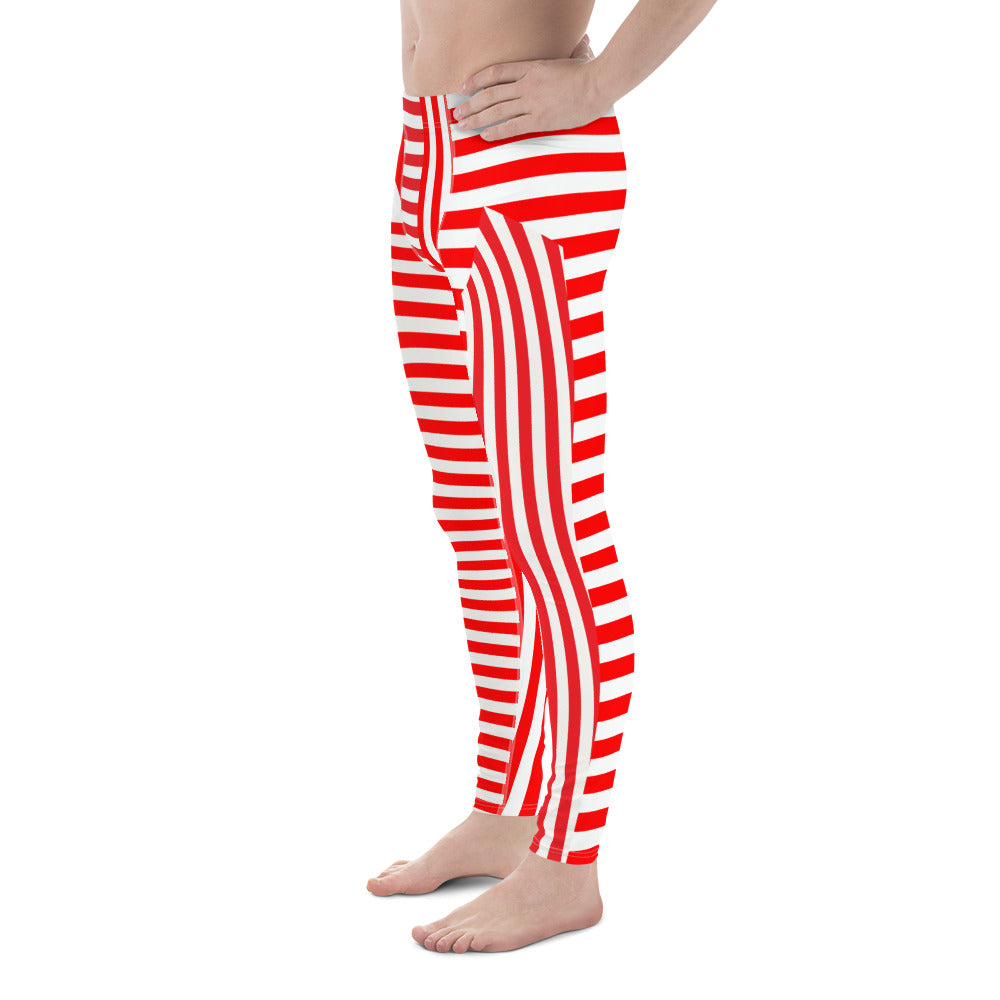 Red and white striped retro pro wrestling tights for men. 80s Memphis style leggings for guys with alternating insets pattern. Fashion meggings and party outfit.