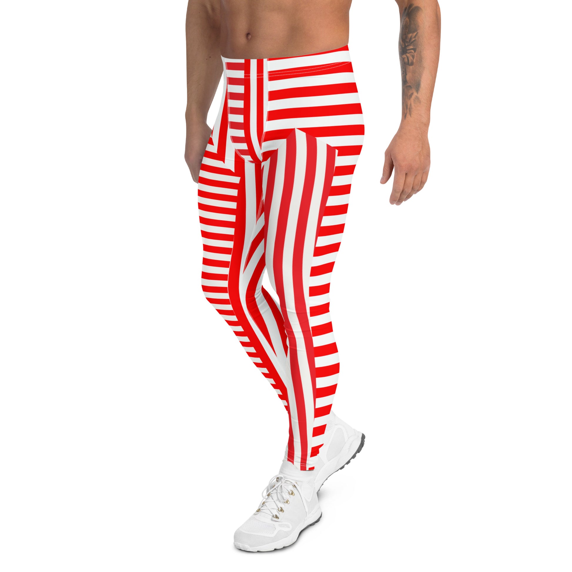 Red and white striped retro pro wrestling tights for men. 80s Memphis style leggings for guys with alternating insets pattern. Fashion meggings and party outfit.