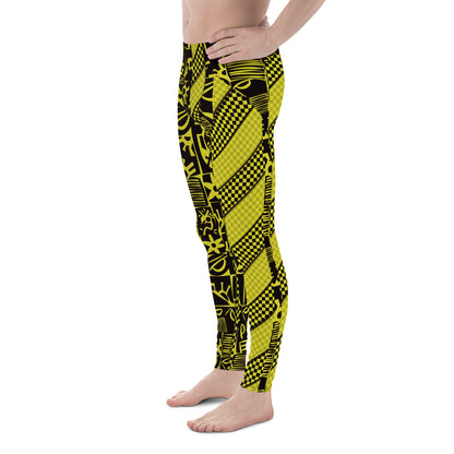 Black and yellow geometric design leggings for men in retro 80s style. Pro wrestling tights for guys in fun stripy design. Rave gear and fashion meggings for guys.