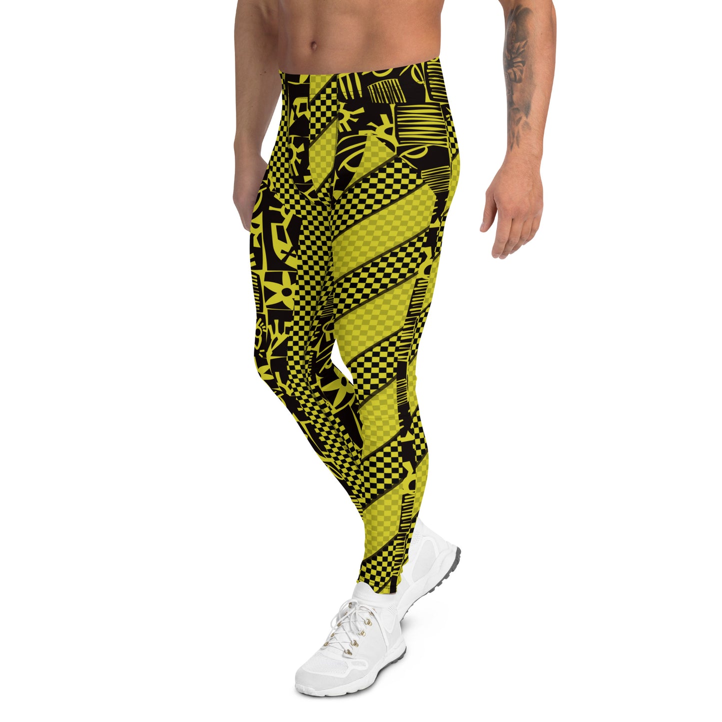 Black and yellow geometric design leggings for men in retro 80s style. Pro wrestling tights for guys in fun stripy design. Rave gear and fashion meggings for guys.