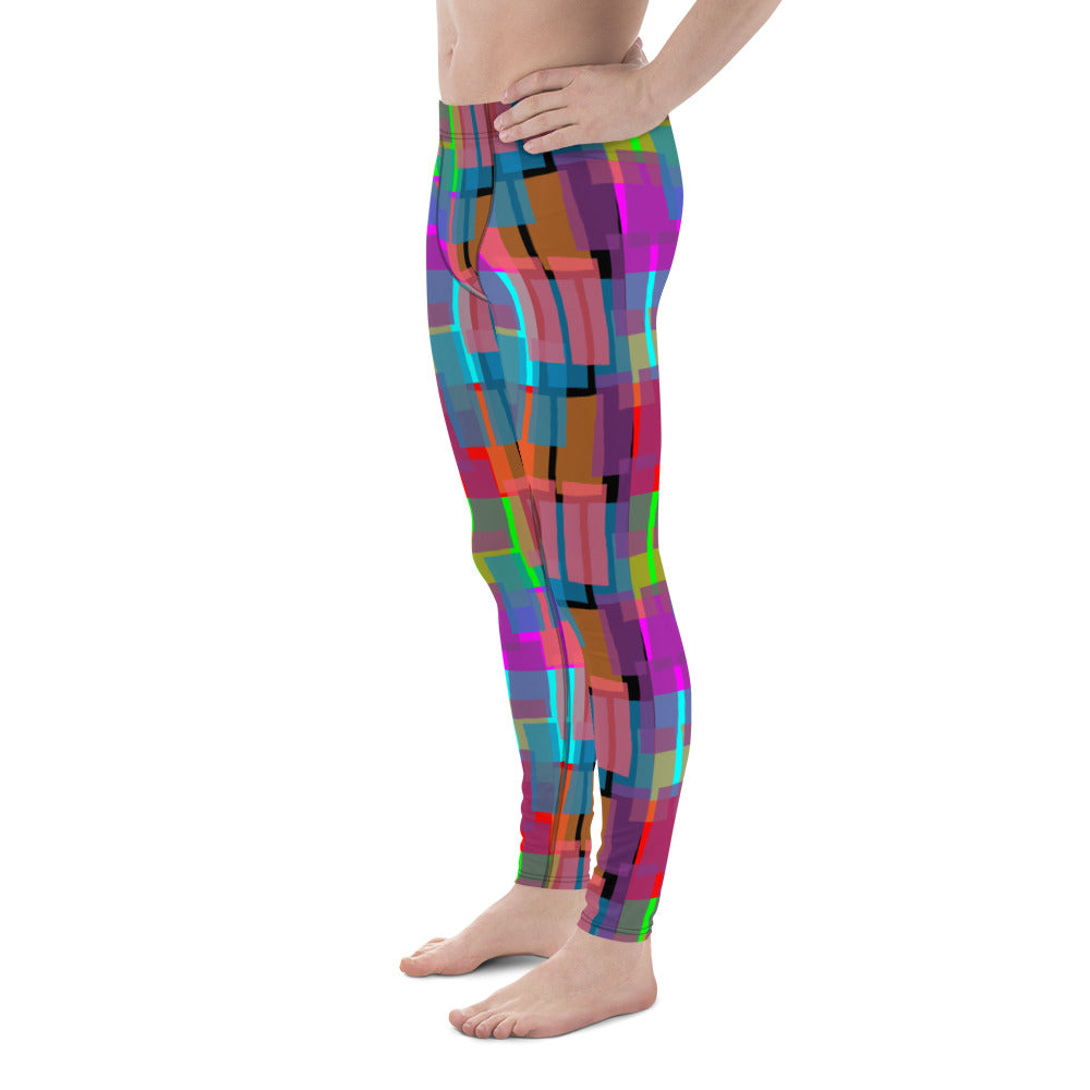 Leggings for men in rainbow  colors. Great geometric shaped patterned pro wrestling tights or BJJ no-MMA spats for guys in ankle length and elastic waistband.