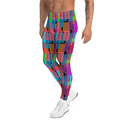 Leggings for men in rainbow  colors. Great geometric shaped patterned pro wrestling tights or BJJ no-MMA spats for guys in ankle length and elastic waistband.