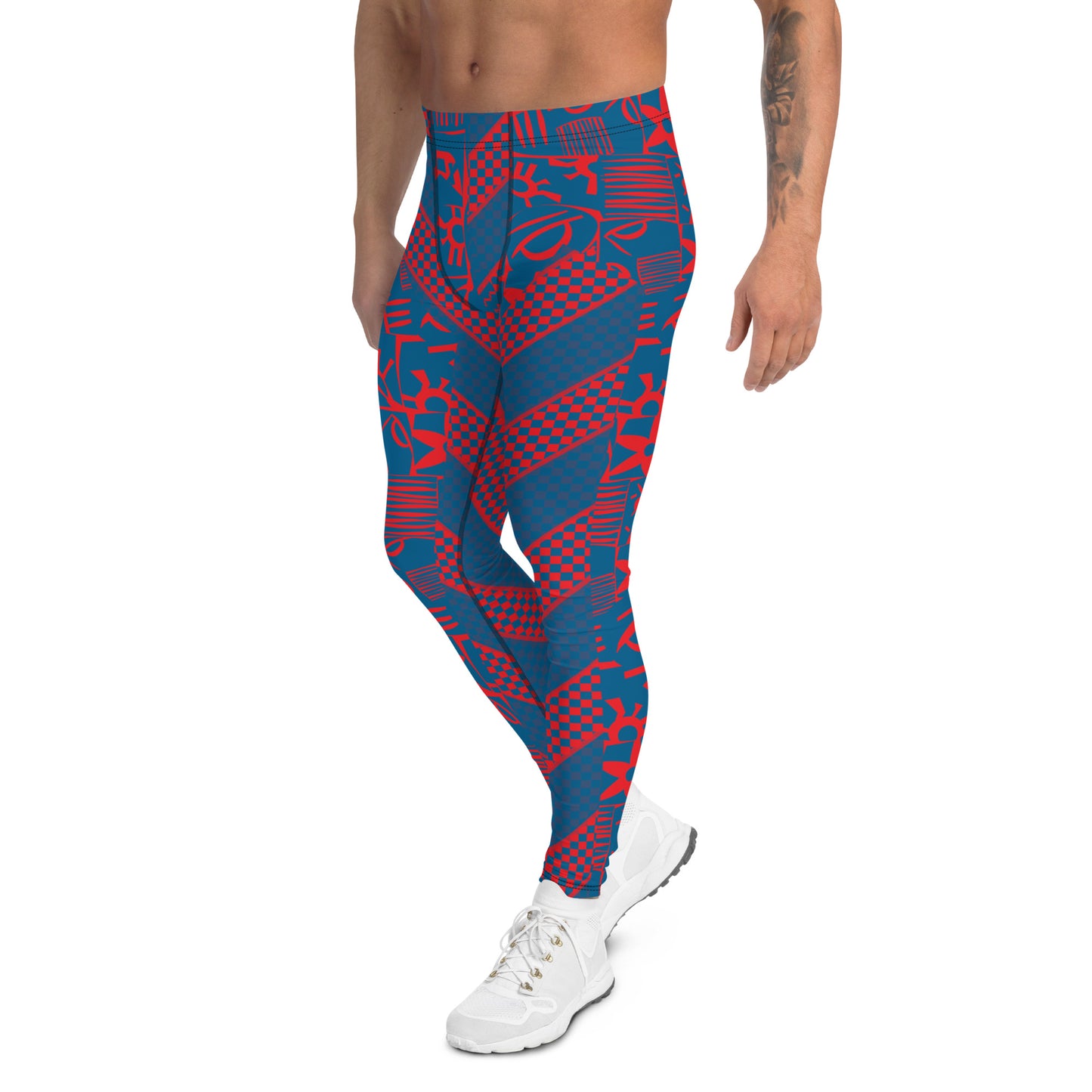 Navy and red geometric design leggings for men in retro 80s style. Pro wrestling tights for guys in fun stripy design. Rave gear and fashion meggings for guys.