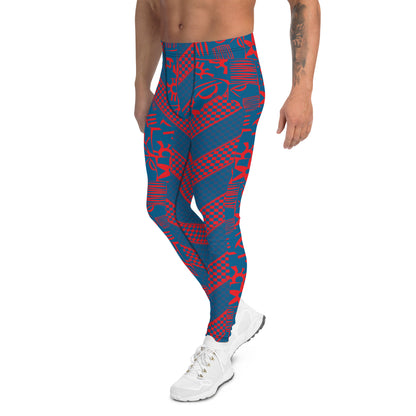 Navy and red geometric design leggings for men in retro 80s style. Pro wrestling tights for guys in fun stripy design. Rave gear and fashion meggings for guys.