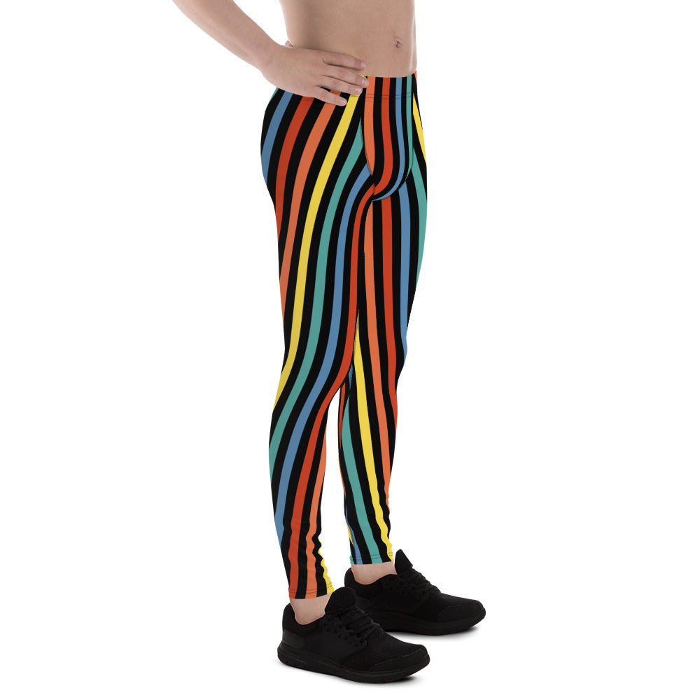 Festival Mens Leggings, Stripy Wrestling Style Performance Tights, Fashion Meggs, Rainbowcore Striped Meggings, Rave Gear Clubbing Outfit, pro wrestling tights, climbing, stripy rainbow LGBT Pride outfit idea by BillingtonPix