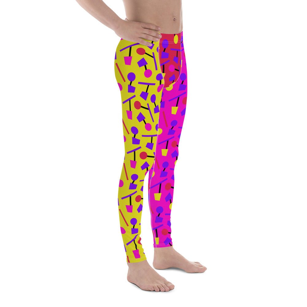 Mens leggings in alternate pink and yellow geometric 80s Memphis style all-over pattern. Red crotch. Fun party leggings with mid-waist and ankle length. Soft and stretchy spandex meggings for activewear, sporting activities, dance, gym, yoga, pilates