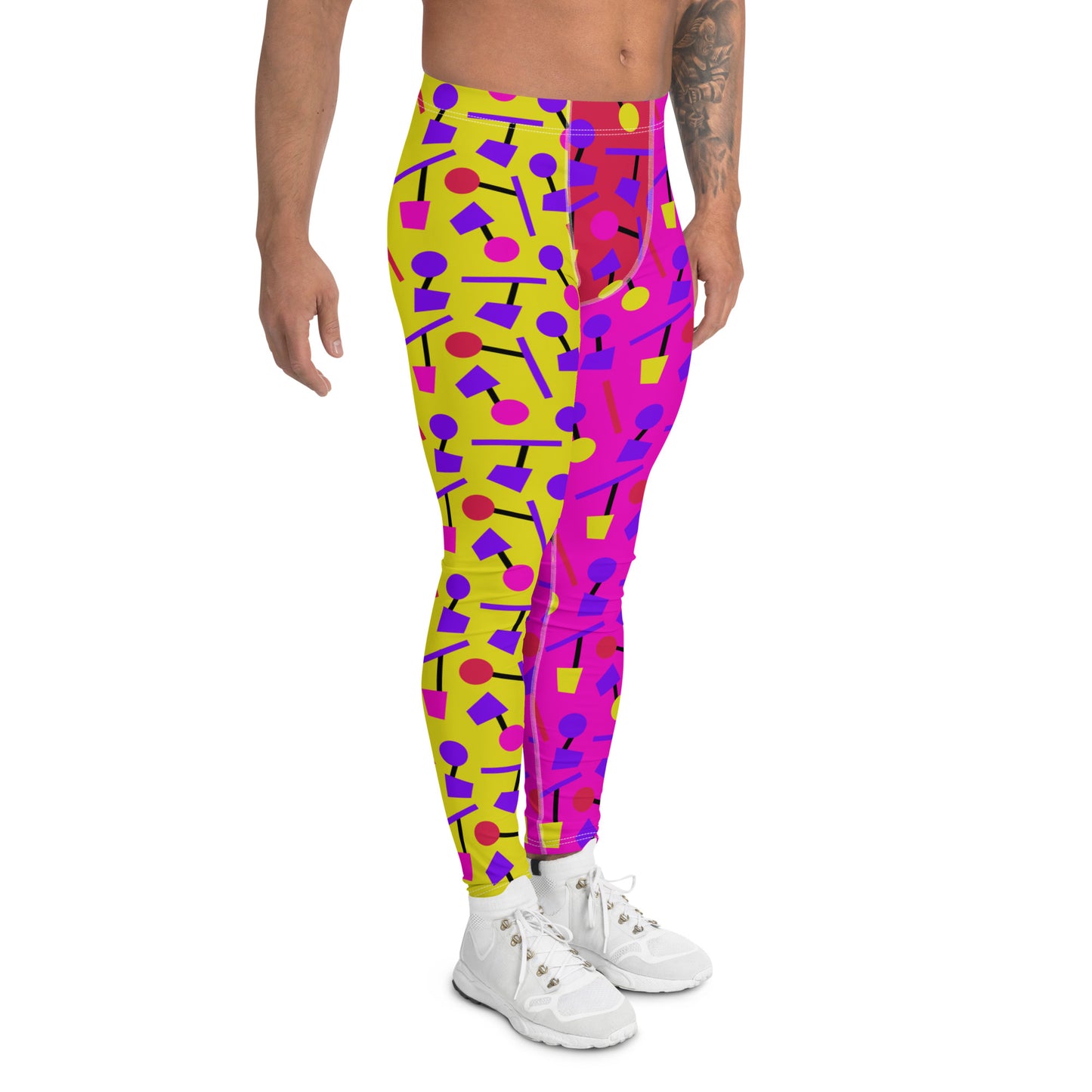 Mens leggings in alternate pink and yellow geometric 80s Memphis style all-over pattern. Red crotch. Fun party leggings with mid-waist and ankle length. Soft and stretchy spandex meggings for activewear, sporting activities, dance, gym, yoga, pilates