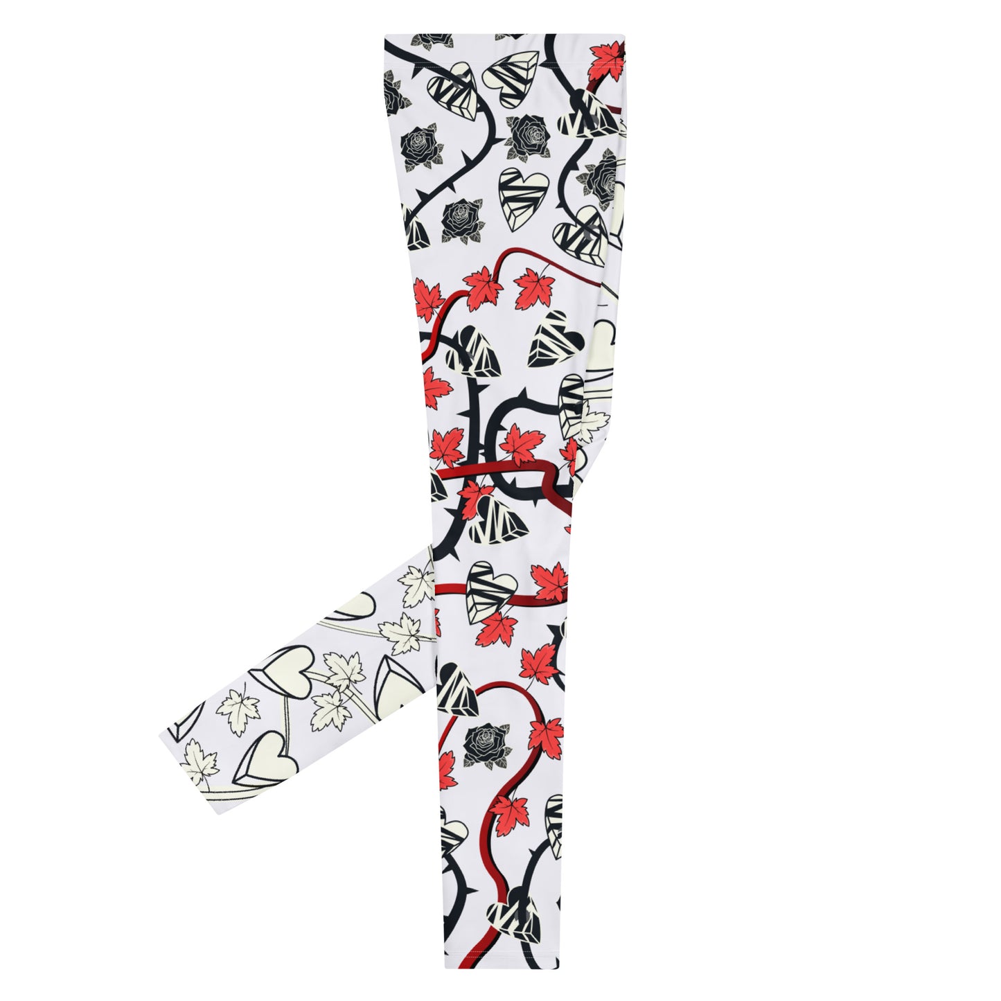 Rockstar style men's leggings in black and silvery white design, full of broken hearts, black roses and red vine leaves. Beautiful swirling vines and rose thorns entangle this heartbreak scene