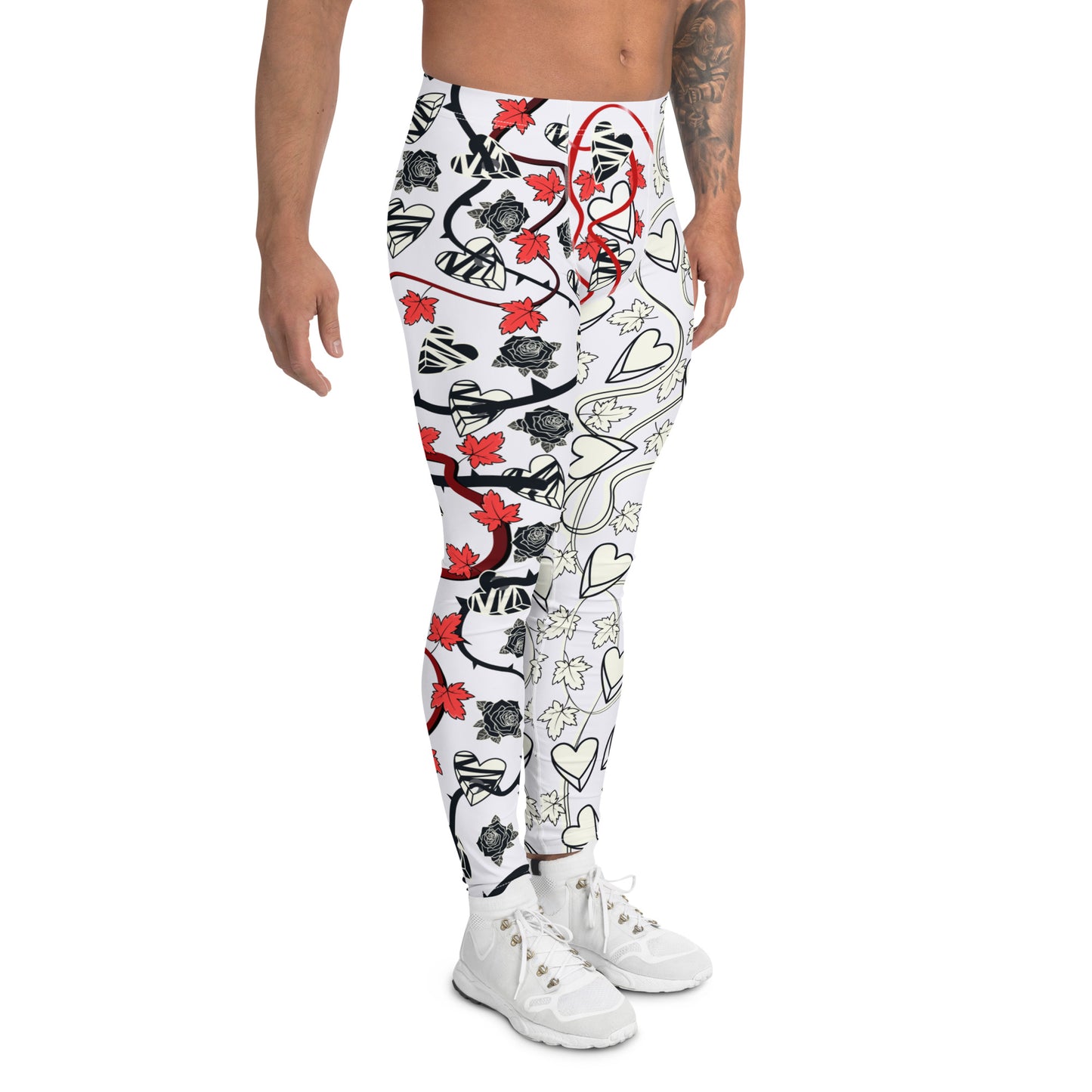 Rockstar style men's leggings in black and silvery white design, full of broken hearts, black roses and red vine leaves. Beautiful swirling vines and rose thorns entangle this heartbreak scene