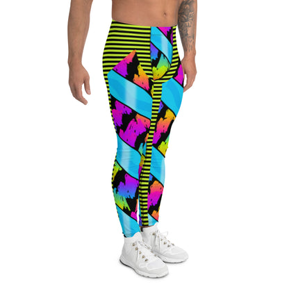 Pro wrestling long tights in a retro 80s rainbow design. In the style of WWE wrestling tights. Rainbow colored cosplay meggings with striped yellow. Halloween party outfit for wrestling fans and followers.