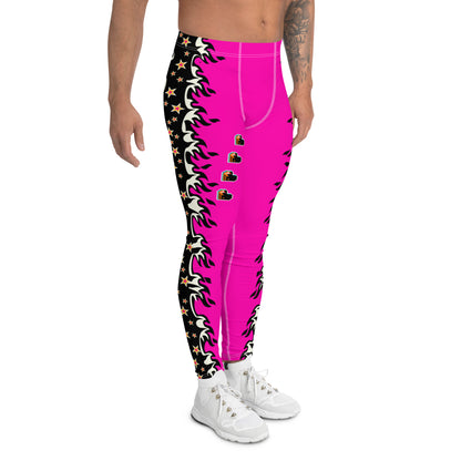 pink pro wrestling tights for men in pink and black with fire down each side. Fun fashion meggings for guys who enjoy WWE cosplay. or festival gear like Burning Man.