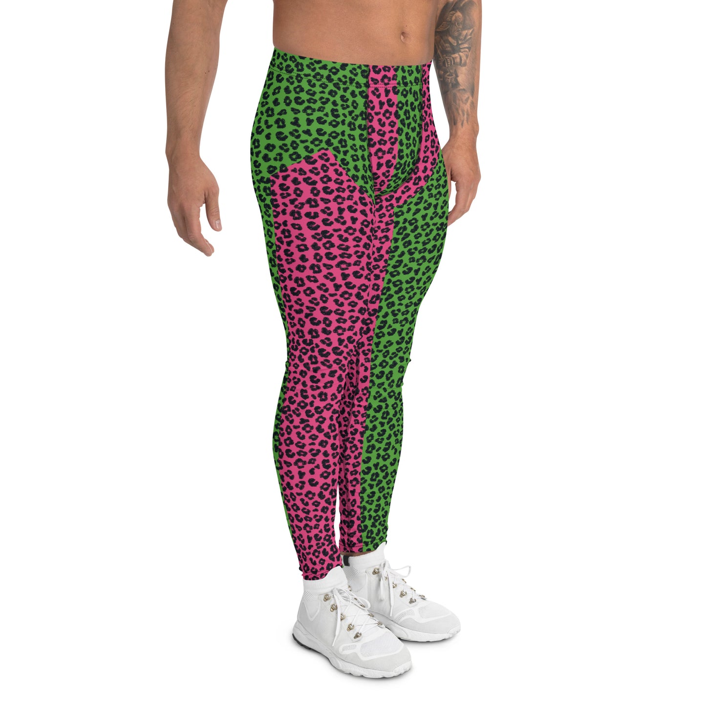 Wrestling Tights Green Leopard Skin, Mens Leggings, Performance Pants, Yoga Leggings Gym, Mens Rave Outfit, Mens Festival Meggings. Pink and green pro wrestling tights  for guys in spandex. Kitsch alt fashion, weirdcore jfashion retro 80s style pants