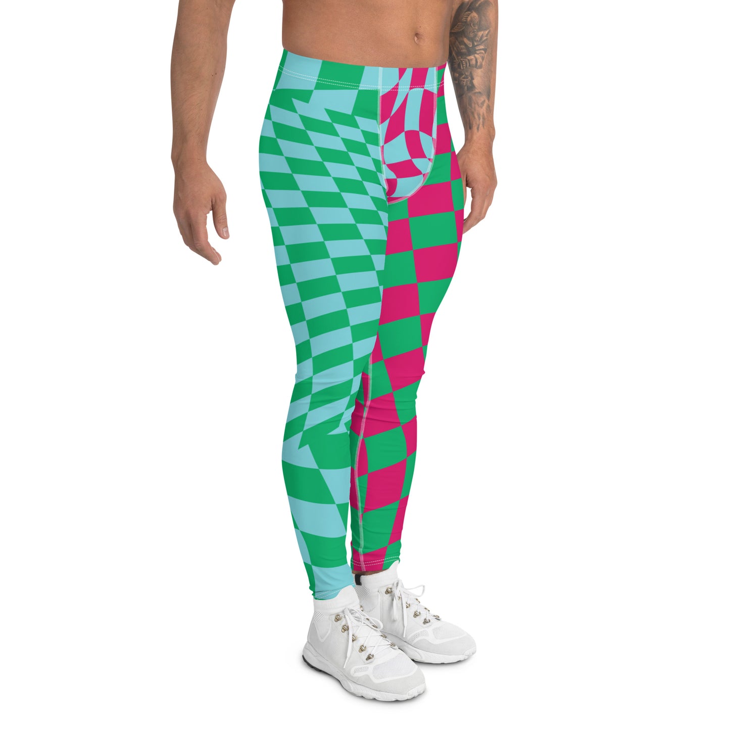 Mens Leggings Glitchcore Harlequin, Pro Wrestling Tights, Guys Running Tights, Dancewear, Festival Pants, Fashion Meggings, Gym Gear. Pink, blue and green fashion meggs for gym, pilates, yoga and festivals.