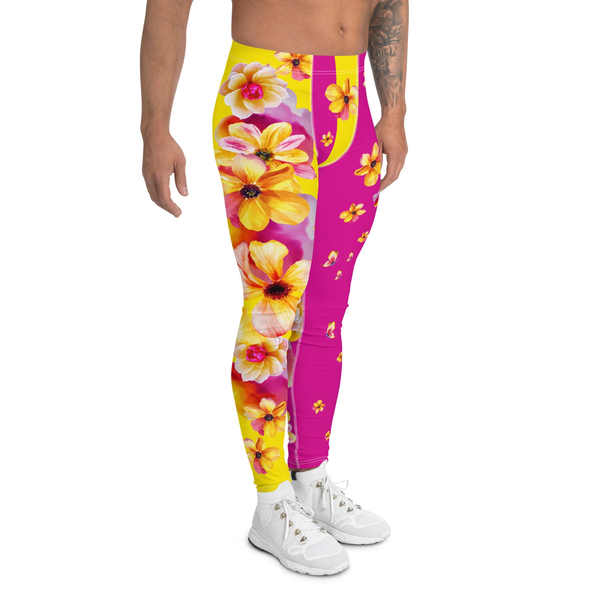 Mens Leggings Floral, Yellow and Pink Flower Print Leggings, Pro Wrestling Tights, Funky Fashion Leggings, Yoga Pants, Gym Outfit, Rave Gear