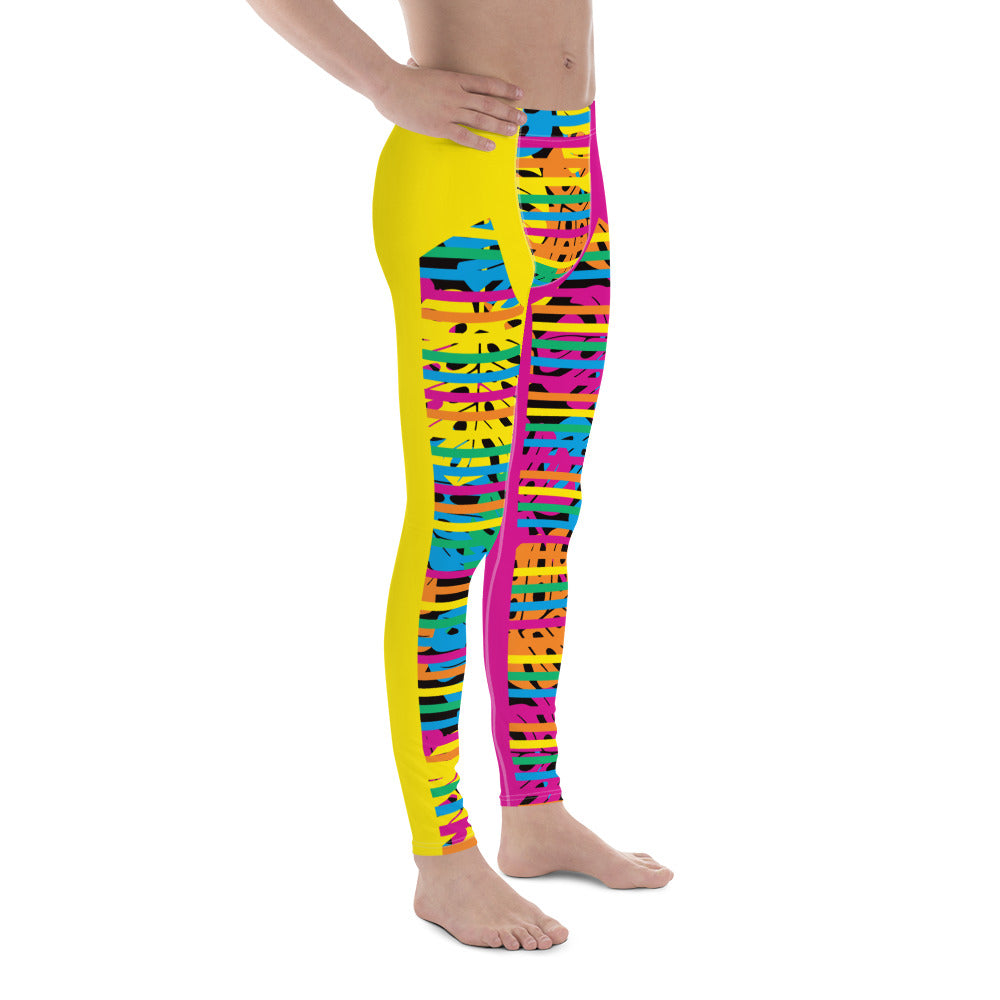 Mens Leggings, Yellow and Pink Monstera Print Leggings, Pro Wrestling Tights, Funky Fashion Leggings, Yoga Pants, Gym Outfit, Camp Rave Gear in pink and yellow with rainbowcore monstera leaves