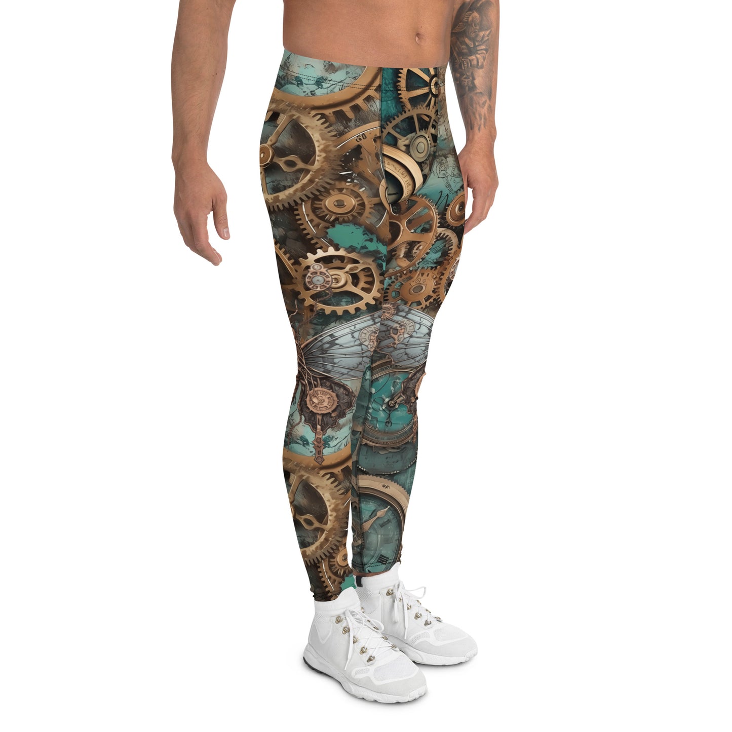 Steampunk leggings for men with horology design. Watch fans fashion in brown and blue. Retro festival fashion meggings.