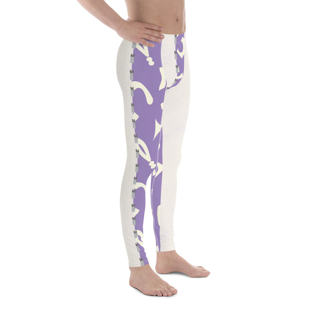 Purple and white fun retro pro wrestling tights for men. 80s Memphis style leggings for guys with alternating colors and geometric shapes. Fashion meggings and party outfit.