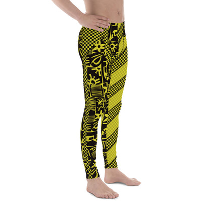 Black and yellow geometric design leggings for men in retro 80s style. Pro wrestling tights for guys in fun stripy design. Rave gear and fashion meggings for guys.