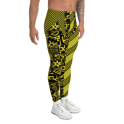 Black and yellow geometric design leggings for men in retro 80s style. Pro wrestling tights for guys in fun stripy design. Rave gear and fashion meggings for guys.