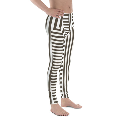 Retro style gray / brown and white striped pro wrestling tights for men. Great as BJJ spats. 80s Memphis style leggings for guys with alternating insets pattern. Fashion meggings and party outfit.