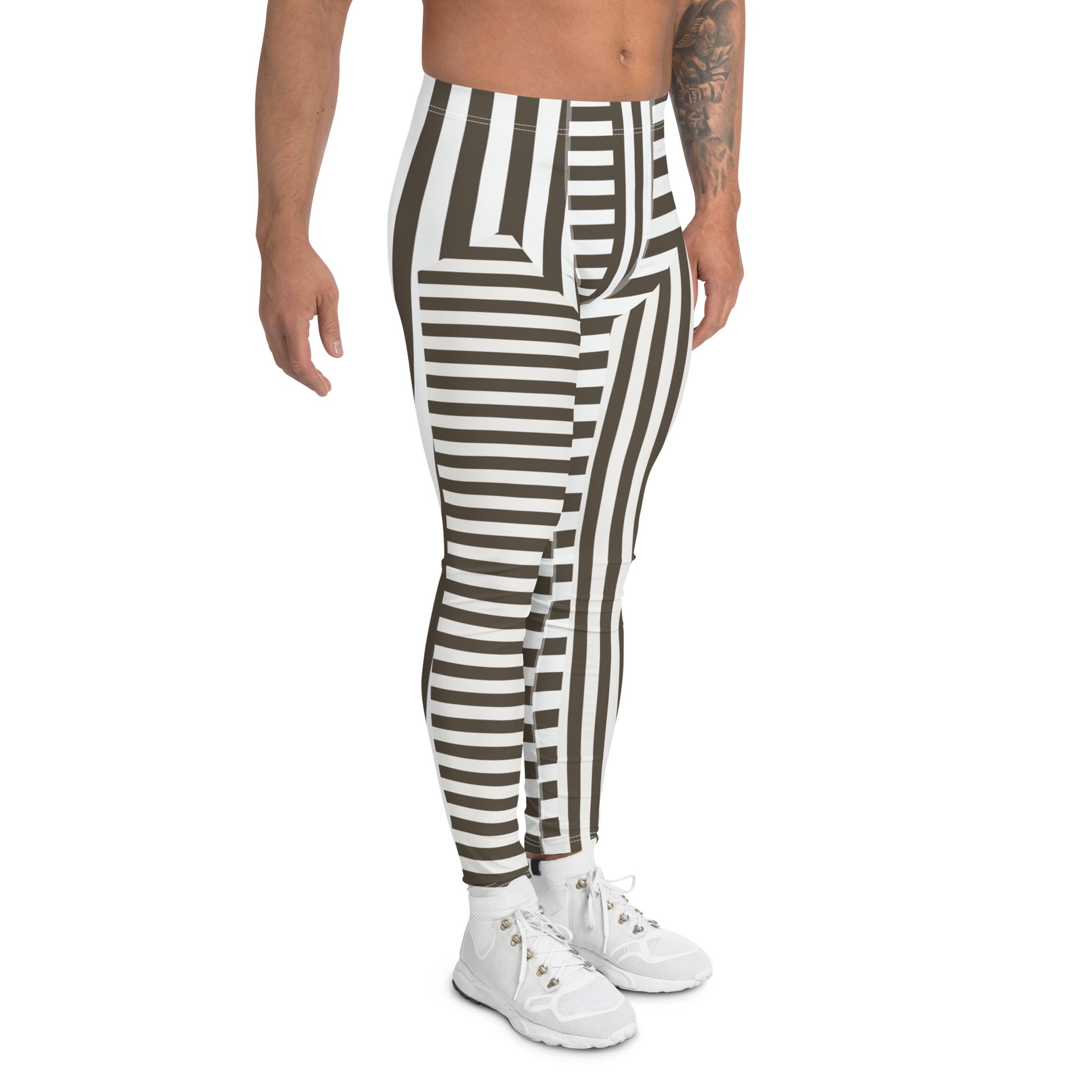 Retro style gray / brown and white striped pro wrestling tights for men. Great as BJJ spats. 80s Memphis style leggings for guys with alternating insets pattern. Fashion meggings and party outfit.