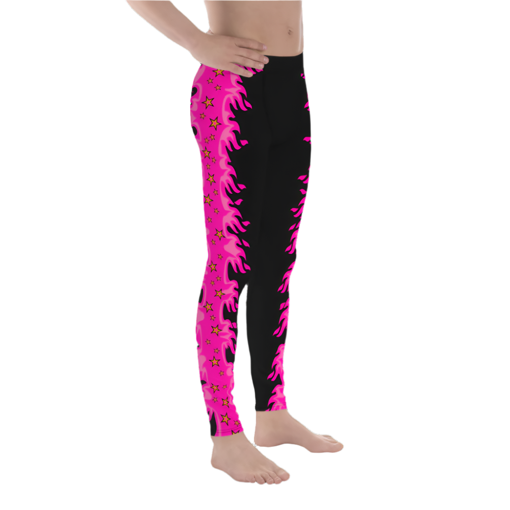 pink pro wrestling tights for men in pink and black with fire down each side. Fun fashion meggings for guys who enjoy WWE cosplay. or festival gear like Burning Man.