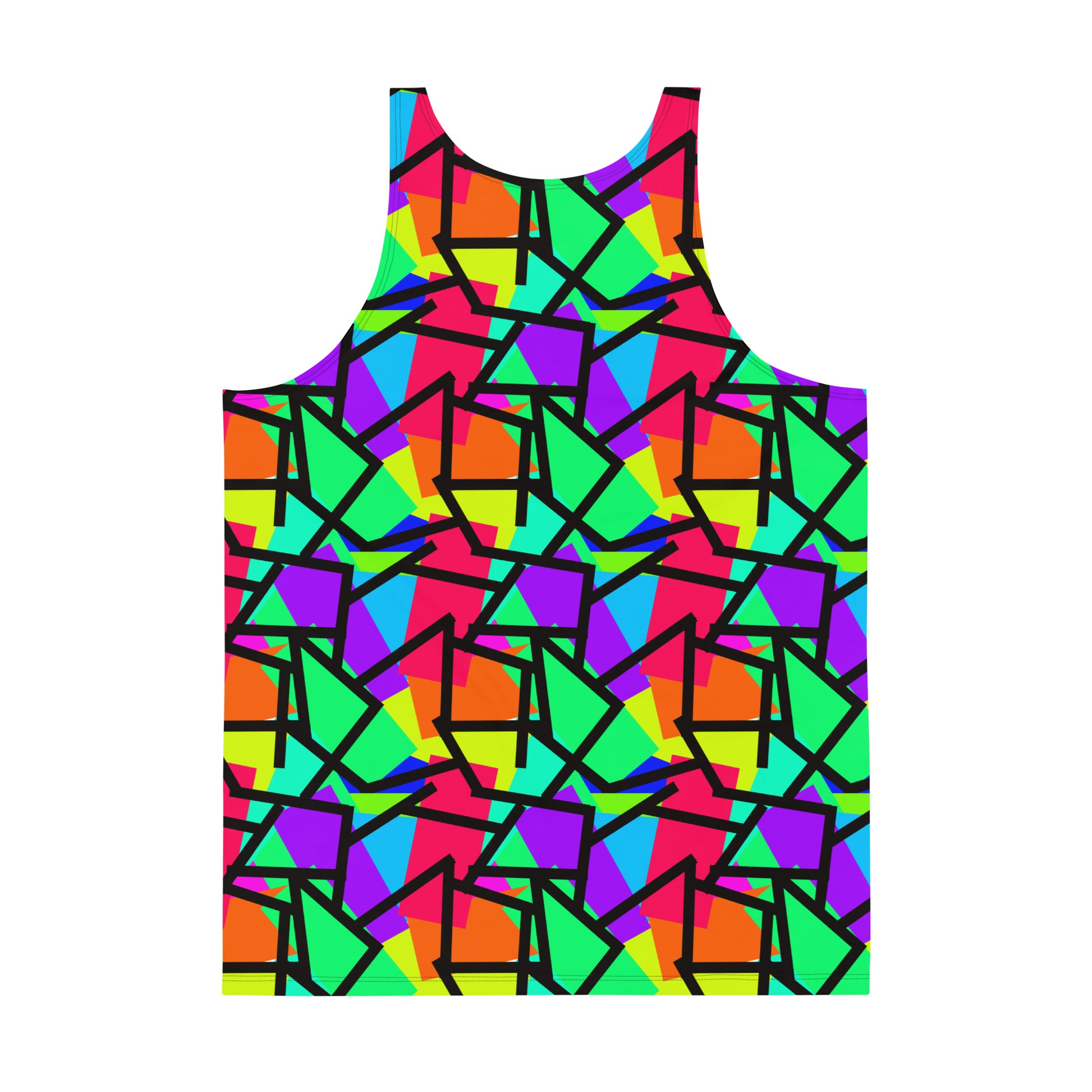 Harajuku Yume Kawaii fashion tank top in brightly coloured Pop Kei 80s Memphis design in red, orange, green, purple, yellow and turquoise geometric shapes and a black zigzag overlay on this neon funky gym and yoga sleeveless muscle top.