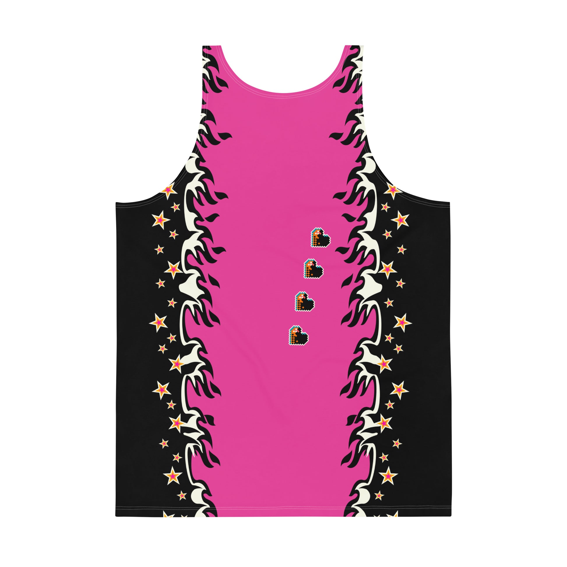 Mens tank top in pink and black with a skull, wings, fire and stars. Hearts on the back. Pro-wrestling style costume in a retro design.