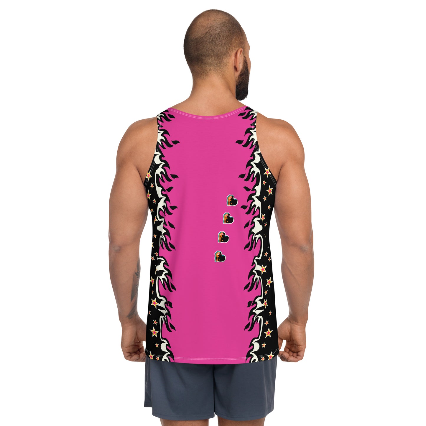 Mens tank top in pink and black with a skull, wings, fire and stars. Pro-wrestling style costume in a retro design.