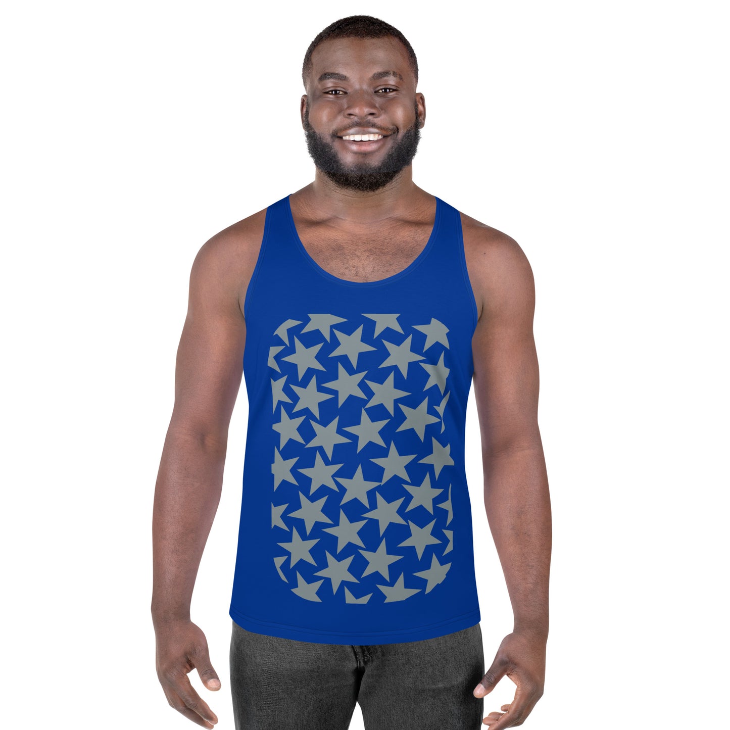 Mens tank top sports vest in blue with silver stars on the front and back. Relaxed fit NBA American football cosplay gear.