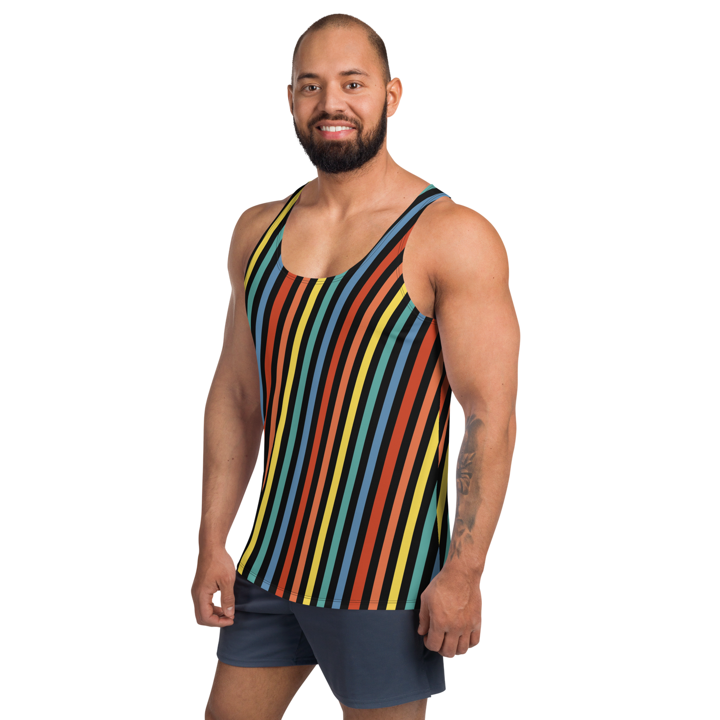 Festival Men&#39;s Tank Top, Stripy Wrestling Style Performance Sports Vest, Rainbowcore Striped Fashion Top, Rave Gear Clubbing Outfit