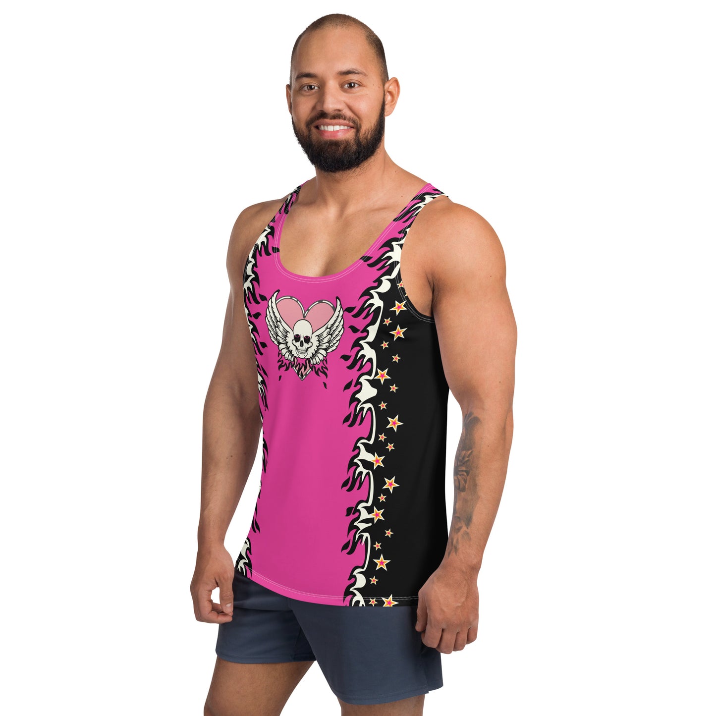 Mens tank top in pink and black with a skull, wings, fire and stars. Pro-wrestling style costume in a retro design.