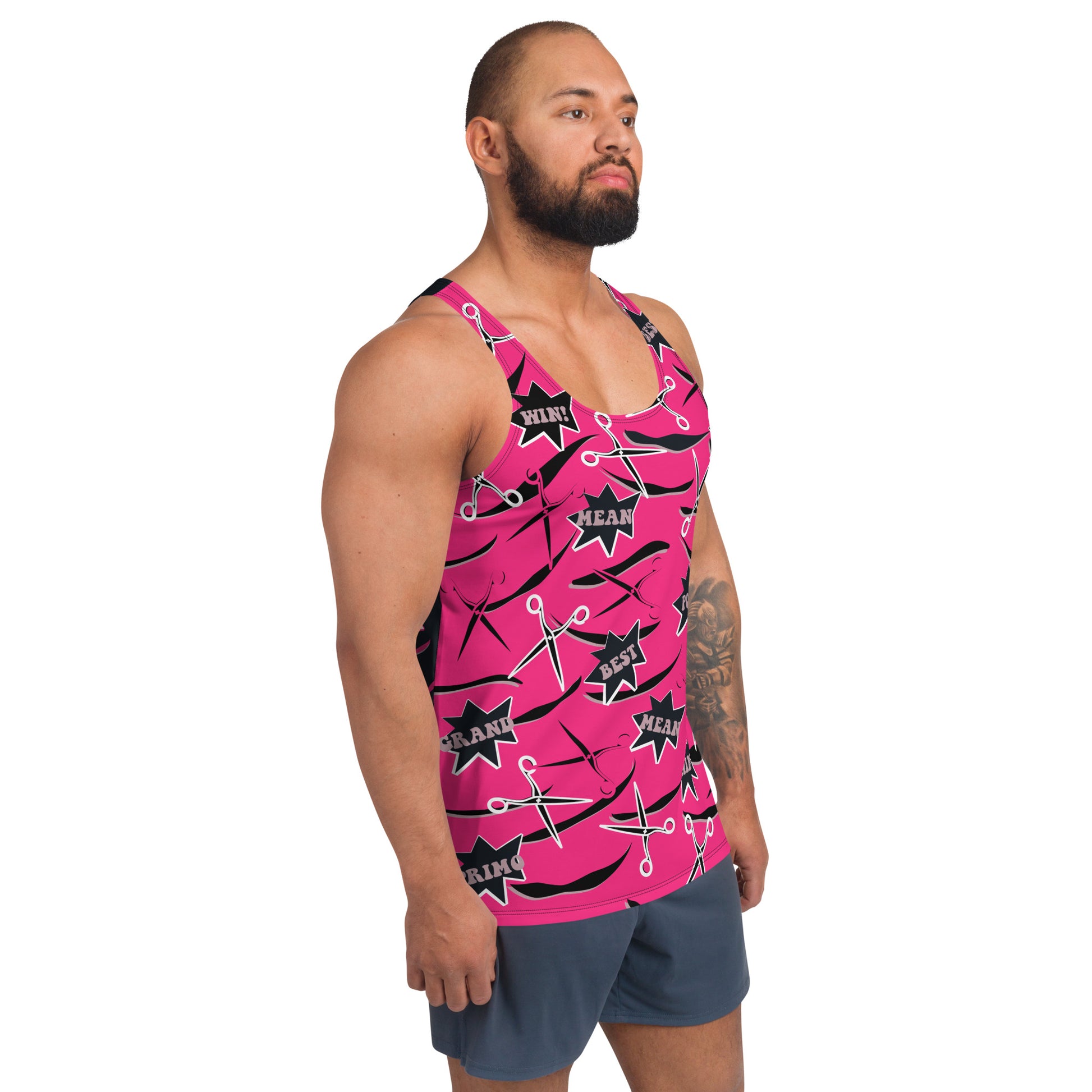 Mens tank top in pink and black with retro pro wrestling gear themes. Wrestling cosplay outfit for guys, Halloween, festivals, rave parties, clubbing. Scissors and slashes with cartoon exclamations.